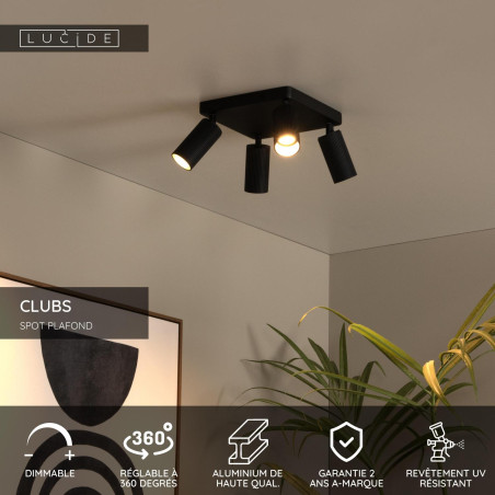 Lucide CLUBS - Spot plafond - 4xGU10 (MR16) - Noir