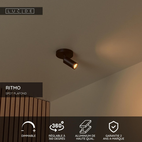 Lucide RITMO - Spot plafond - Ø 10 cm - 1xGU10 (MR11) - Noir