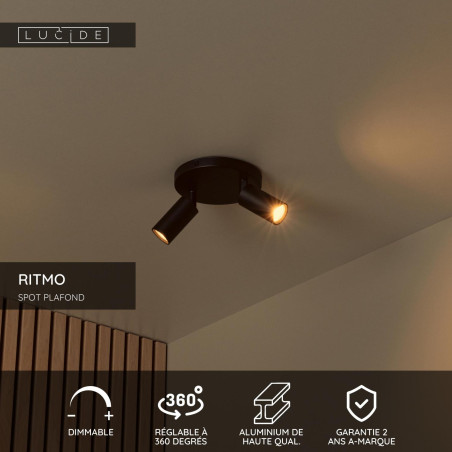 Lucide RITMO - Spot plafond - Ø 15 cm - 2xGU10 (MR11) - Noir