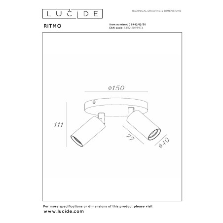 Lucide RITMO - Spot plafond - Ø 15 cm - 2xGU10 (MR11) - Noir