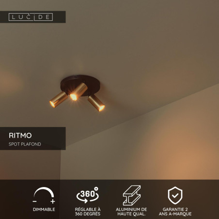 Lucide RITMO - Spot plafond - Ø 18 cm - 3xGU10 (MR11) - Or Mat / Laiton