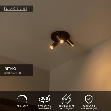 Lucide RITMO - Spot plafond - Ø 18 cm - 3xGU10 (MR11) - Café