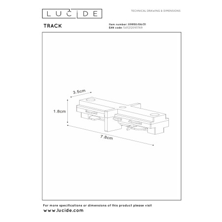 Lucide TRACK connecteur en I - Système de rail monophasé / Éclairage sur rail - Blanc (Extension)