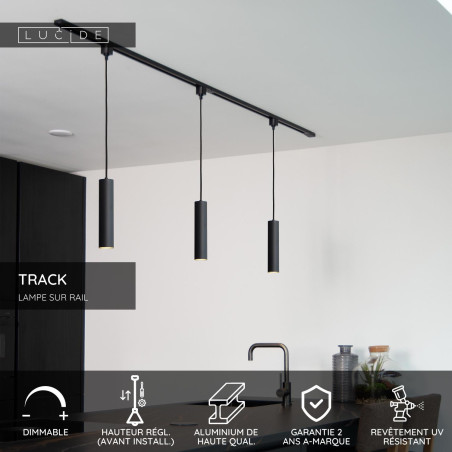 Lucide TRACK FLORIS Suspension - Système de rail monophasé / Éclairage sur rail - 1xGU10 - Noir (Extension)
