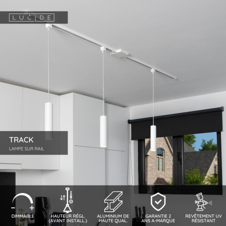 Lucide TRACK FLORIS Suspension - Système de rail monophasé / Éclairage sur rail - 1xGU10 - - L 5,6 x P 5,6 x H 155 cm - Blanc