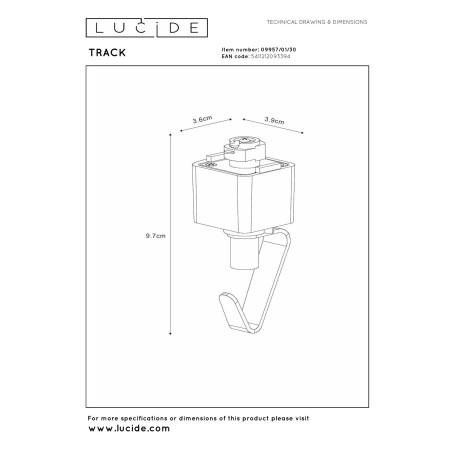 Lucide TRACK Adaptateur de suspension - Système de rail monophasé / Éclairage sur rail - Noir (Extension)