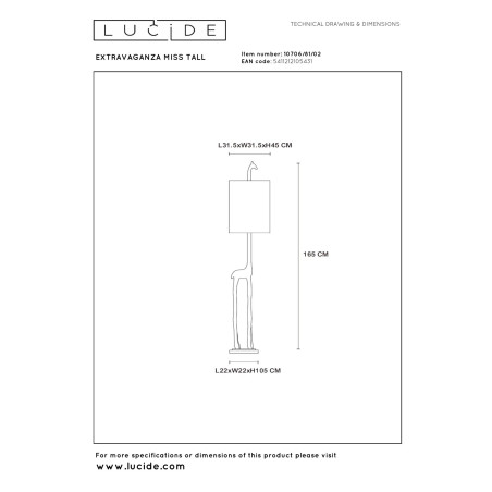 Lucide EXTRAVAGANZA MISS TALL - Lampadaire - Ø 31,5 cm - 1xE27 - Or Mat / Laiton