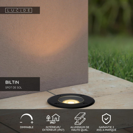 Lucide BILTIN - Spot de sol Intérieur/Extérieur - Ø 10,8 cm - 1xGU10 (MR16) - IP67 - Noir