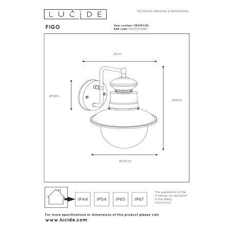 Lucide FIGO - Applique murale Intérieur/Extérieur - Ø 21,5 cm - 1xE27 - IP44 - Noir