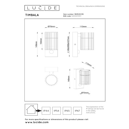 Lucide TIMBALA - Spot mural / Applique mural Intérieur/Extérieur - 1xGU10 (MR16) - IP44- Détecteur De Mouvement & Jour/Nuit -