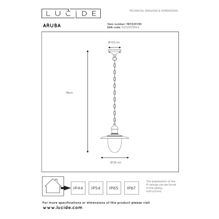 Lucide ARUBA - Suspension Intérieur/Extérieur - Ø 25 cm - 1xE27 - IP44 - Noir