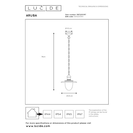 Lucide ARUBA - Suspension Intérieur/Extérieur - Ø 25 cm - 1xE27 - IP44 - Rouille