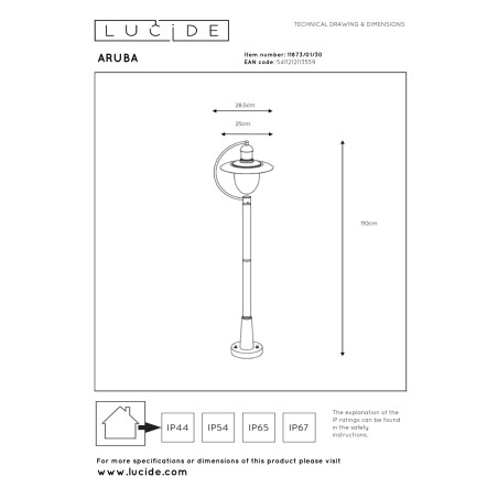 Lucide ARUBA - Lanterne / lampadaire exterieur - Ø 25 cm - 1xE27 - IP44 - Noir