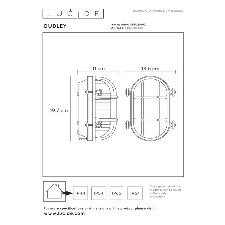 Lucide DUDLEY - Applique murale Intérieur/Extérieur - 1xE27 - IP65 - Or Mat / Laiton