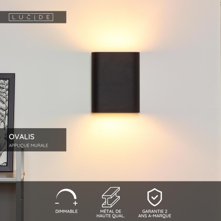 Lucide OVALIS - Applique murale - 2xE14 - Noir - L 16 x P 8 x H 20 cm - Noir / Or Mat / Laiton
