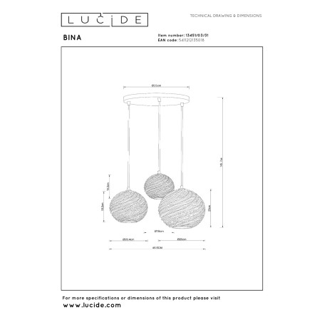 Lucide BINA - Suspension - Ø 40 cm - 3xE27 - Blanc