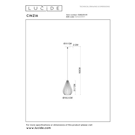 Lucide CINZIA - Suspension - Ø 18,3 cm - 1xE27 - Blanc