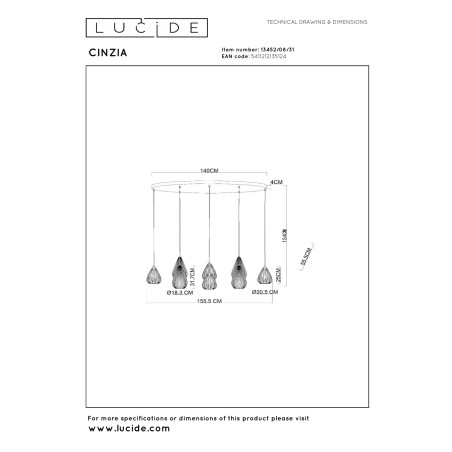 Lucide CINZIA - Suspension - 8xE27 - Blanc