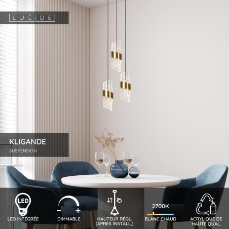 Lucide KLIGANDE - Suspension - Ø 25 cm - LED Dim. - 3x8W 2700K - Or Mat / Laiton