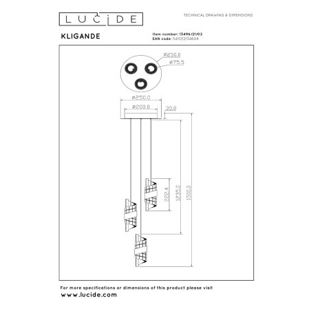 Lucide KLIGANDE - Suspension - Ø 25 cm - LED Dim. - 3x8W 2700K - Or Mat / Laiton