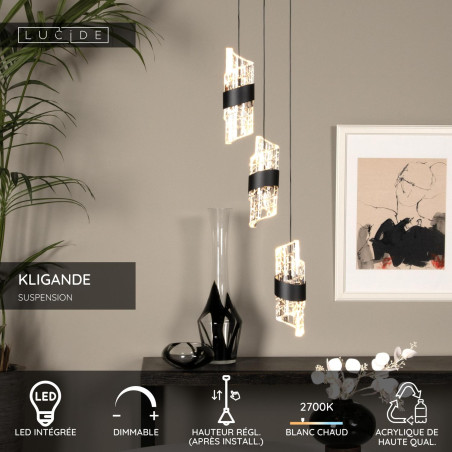 Lucide KLIGANDE - Suspension - Ø 25 cm - LED Dim. - 3x8W 2700K - Noir