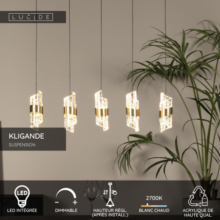 Lucide KLIGANDE - Suspension - LED Dim. - 5x7,8W 2700K - Or Mat / Laiton