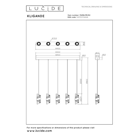Lucide KLIGANDE - Suspension - LED Dim. - 5x7,8W 2700K - Or Mat / Laiton