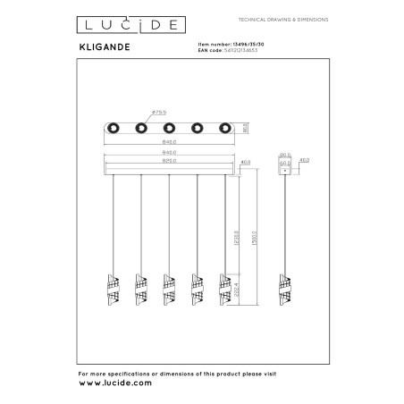 Lucide KLIGANDE - Suspension - LED Dim. - 5x7,8W 2700K - Noir