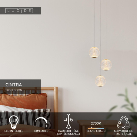 Lucide CINTRA - Suspension - Ø 25 cm - LED Dim. - 3x4,7W 2700K - Transparent