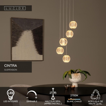 Lucide CINTRA - Suspension - Ø 32 cm - LED Dim. - 5x4,7W 2700K - Transparent