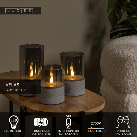 Lucide VELAS - Lampe de table - Piles - Ø 8 cm - LED - 3x0,2W 2700K - Fumé - Ensemble de 3