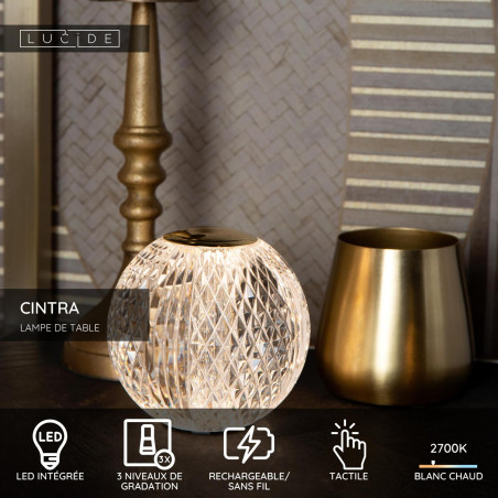 Lucide CINTRA - Lampe de table Rechargeable - Batterie/Piles - Ø 9 cm - LED 3 StepDim - 1x1,5W 2700K - Transparent