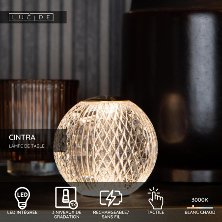 Lucide CINTRA - Lampe de table Rechargeable - Batterie/Piles - Ø 11 cm - LED 3 StepDim - 1x2W 3000K - Transparent