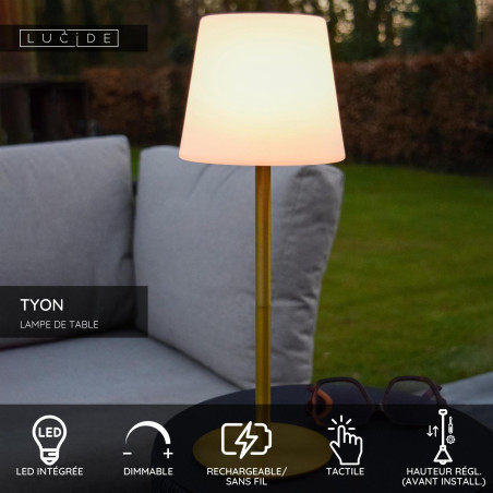 Lucide TYON - Lampe de table Rechargeable Intérieur/Extérieur - Batterie/Piles - Ø 15 cm - LED Dim. - 1x2W 2700K - IP65 - Or