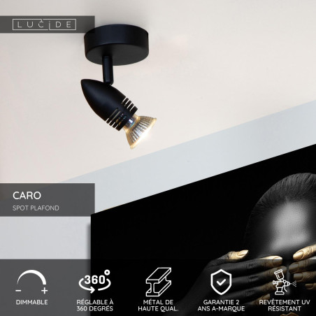 Lucide CARO - Spot plafond - Ø 9 cm - 1xGU10 (MR16) - Noir