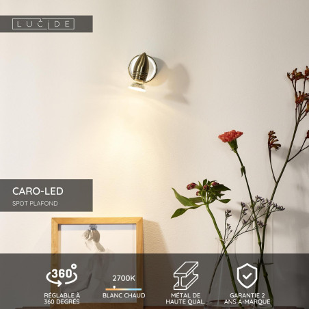 Lucide CARO-LED - Spot plafond - Ø 9 cm - LED - GU10 (MR16) - 1x5W 2700K - Chrome Dépoli