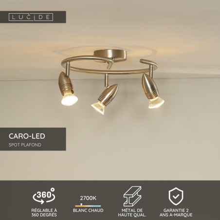 Lucide CARO-LED - Spot plafond - Ø 31 cm - LED - GU10 (MR16) - 3x5W 2700K - Chrome Dépoli