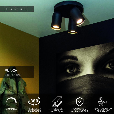 Lucide PUNCH - Spot plafond - Ø 21 cm - 3xGU10 (MR16) - Noir