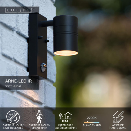 Lucide ARNE-LED IR - Spot mural / Applique mural Intérieur/Extérieur - Ø 6,3 cm - LED - GU10 (MR16) - H 16,3 cm - Noir