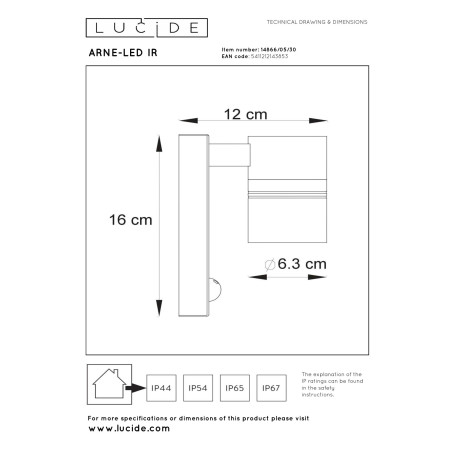 Lucide ARNE-LED IR - Spot mural / Applique mural Intérieur/Extérieur - Ø 6,3 cm - LED - GU10 (MR16) - H 16,3 cm - Noir