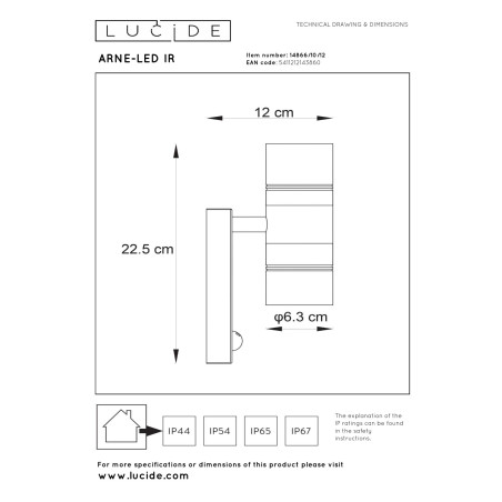 Lucide ARNE-LED IR - Spot mural / Applique mural Intérieur/Extérieur - Ø 6,3 cm - LED - GU10 (MR16) - H 22,5 cm - Chrome Dépoli