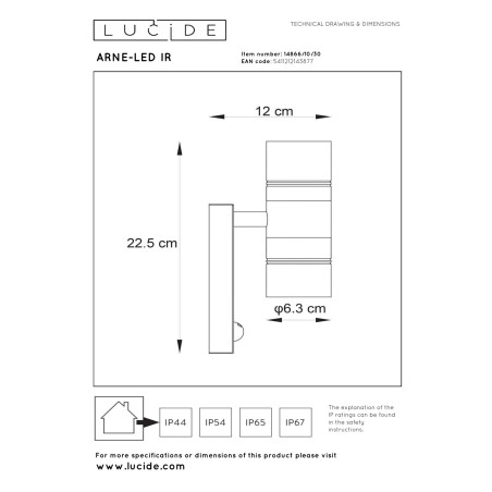 Lucide ARNE-LED IR - Spot mural / Applique mural Intérieur/Extérieur - Ø 6,3 cm - LED - GU10 (MR16) - H 22,5 cm - Noir