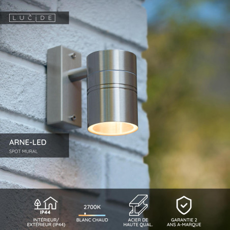 Lucide ARNE-LED - Spot mural / Applique mural Intérieur/Extérieur - Ø 6,3 cm - LED - GU10 (MR16) - 1x5W 2700K - IP44 - Chrome