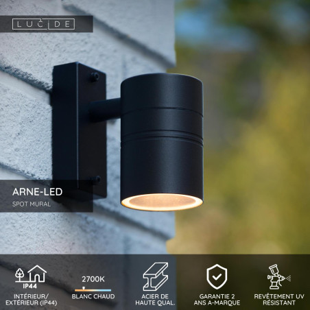 Lucide ARNE-LED - Spot mural / Applique mural Intérieur/Extérieur - Ø 6,3 cm - LED - GU10 (MR16) - 1x5W 2700K - IP44 - Noir