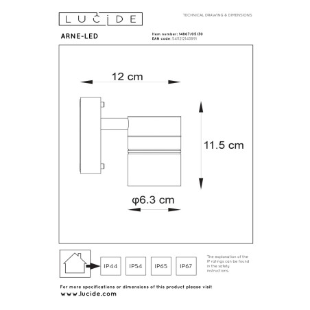 Lucide ARNE-LED - Spot mural / Applique mural Intérieur/Extérieur - Ø 6,3 cm - LED - GU10 (MR16) - 1x5W 2700K - IP44 - Noir