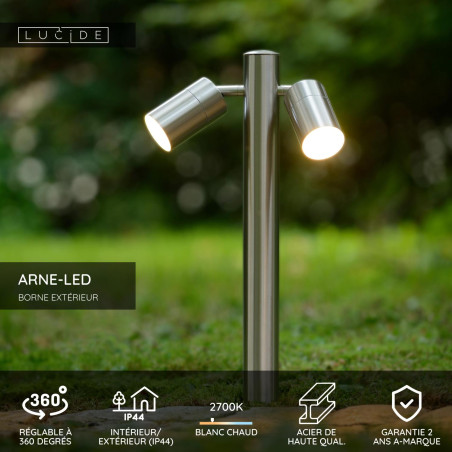 Lucide ARNE-LED - Borne extérieur - Ø 6,3 cm - LED - GU10 (MR16) - 2x5W 2700K - IP44 - Chrome Dépoli