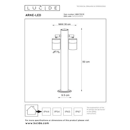 Lucide ARNE-LED - Borne extérieur - Ø 6,3 cm - LED - GU10 (MR16) - 2x5W 2700K - IP44 - Chrome Dépoli