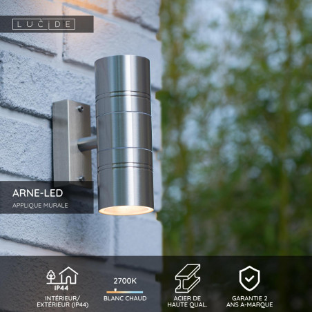 Lucide ARNE-LED - Applique murale Intérieur/Extérieur - Ø 6,3 cm - LED - GU10 (MR16) - 2x5W 2700K - IP44 - Chrome Dépoli