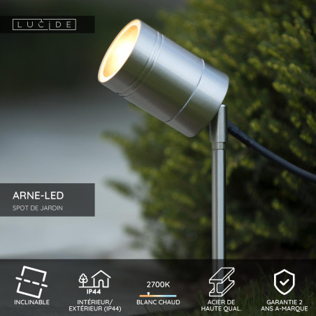 Lucide ARNE-LED - Spot de jardin - Ø 6,3 cm - LED - GU10 (MR16) - 1x5W 2700K - IP44 - Chrome Dépoli