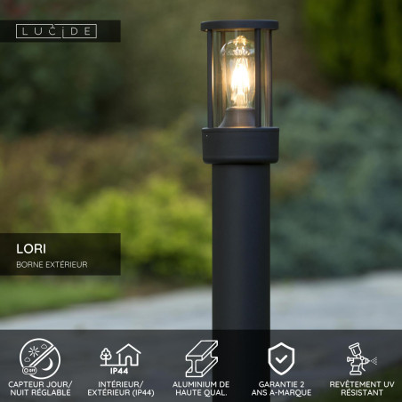 Lucide LORI - Borne extérieur - 1xE27 - IP44 - Détecteur Jour/Nuit - Anthracite